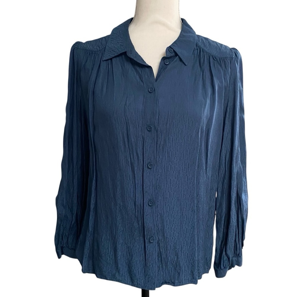 & Other Stories Navy Blue Button-Up Crinkle Blouse